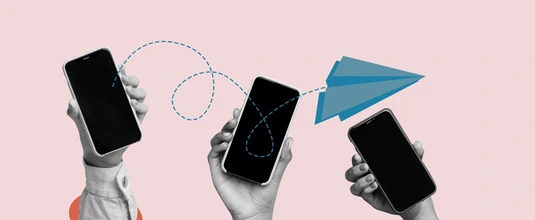 Composite photo collage of hands hold phone device paper plane messenger logo correspondence icon isolated on painted background
