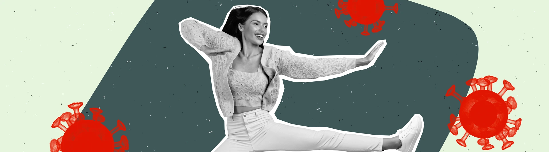 Creative abstract template collage of funny energetic powerful woman kick fight bacterias viruses strong immune system antibody vaccine