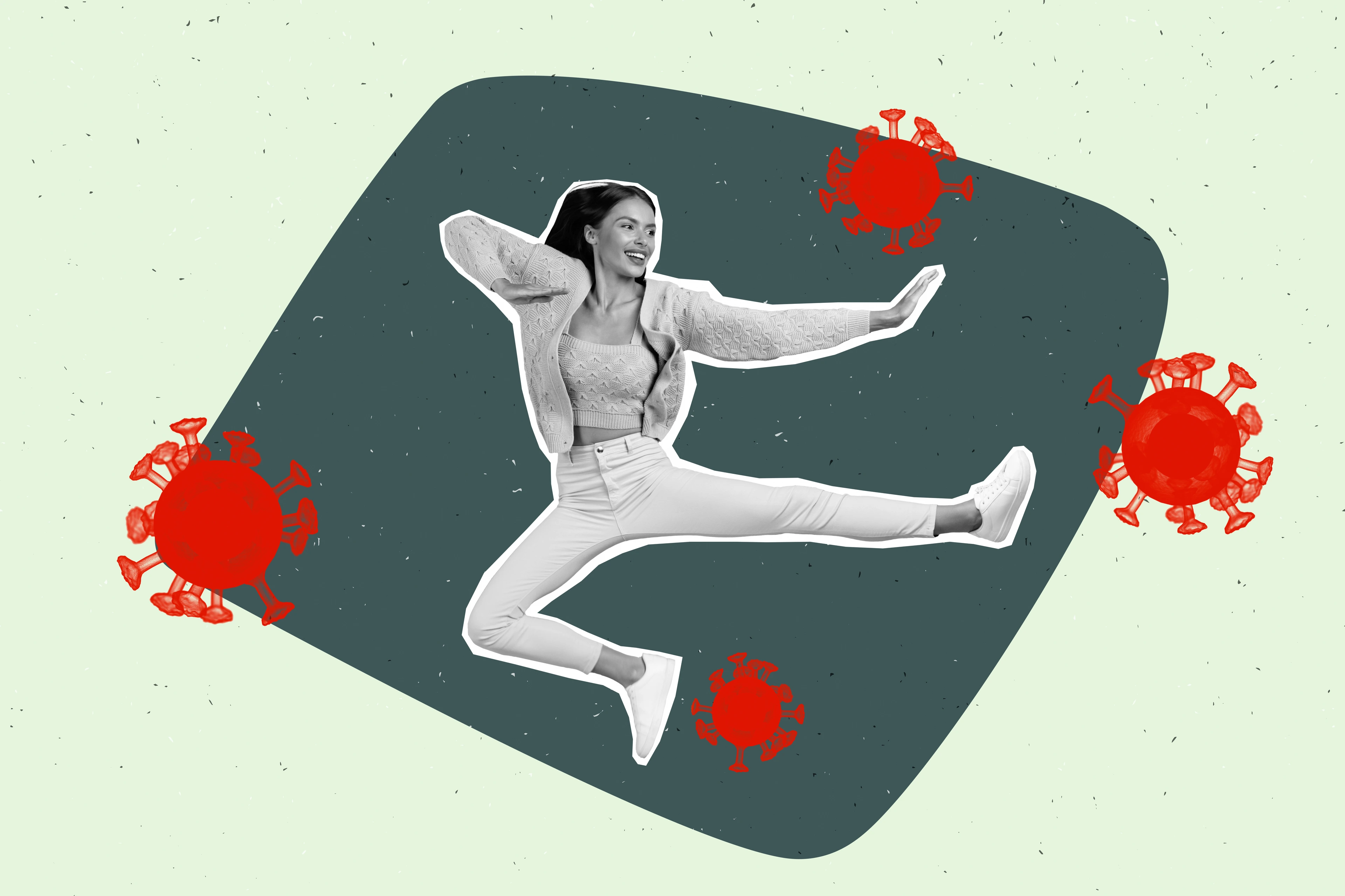 Creative abstract template collage of funny energetic powerful woman kick fight bacterias viruses strong immune system antibody vaccine