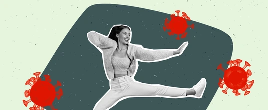 Creative abstract template collage of funny energetic powerful woman kick fight bacterias viruses strong immune system antibody vaccine