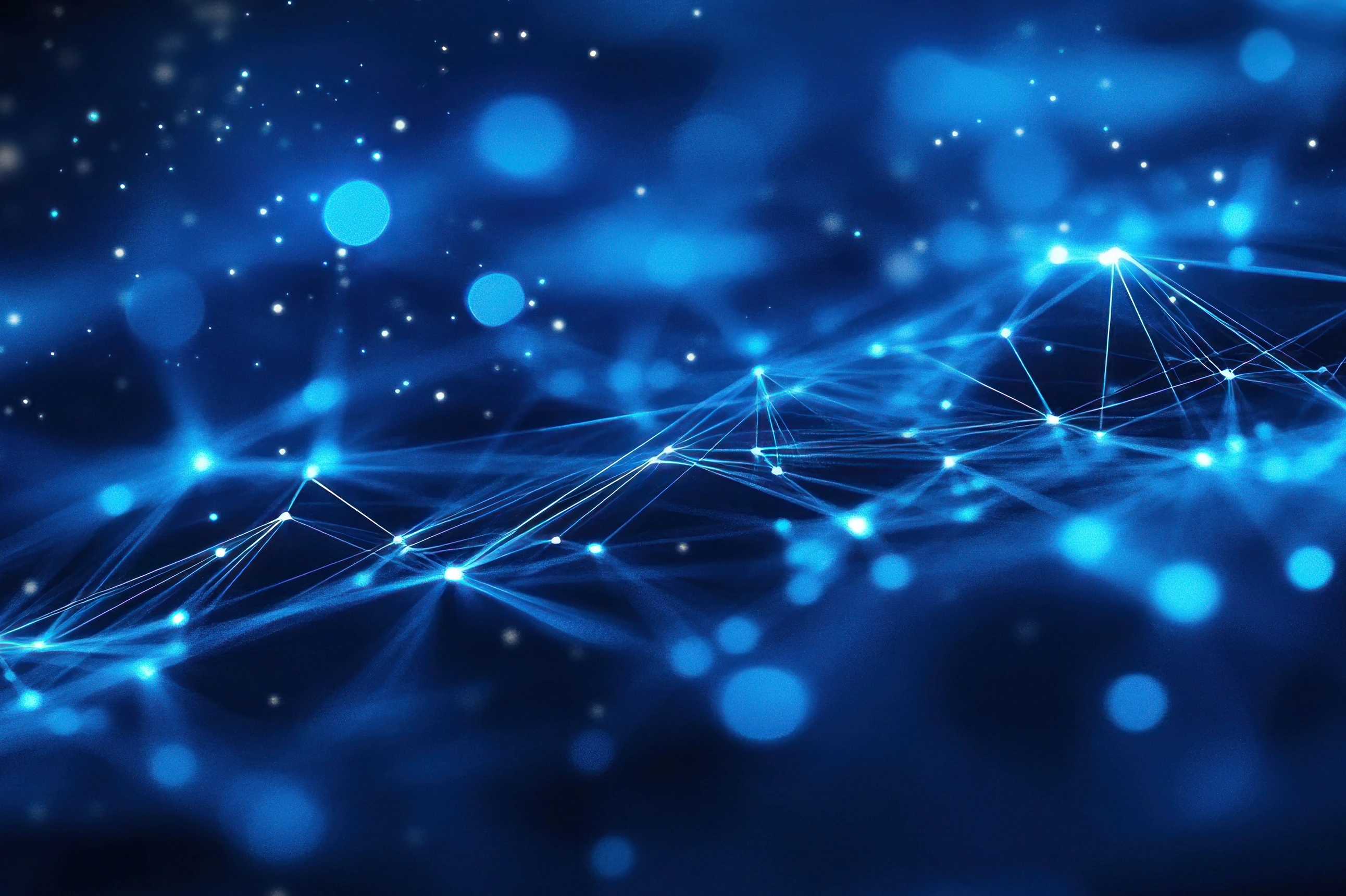 A vibrant abstract composition shows interconnected blue dots and lines in a dark environment