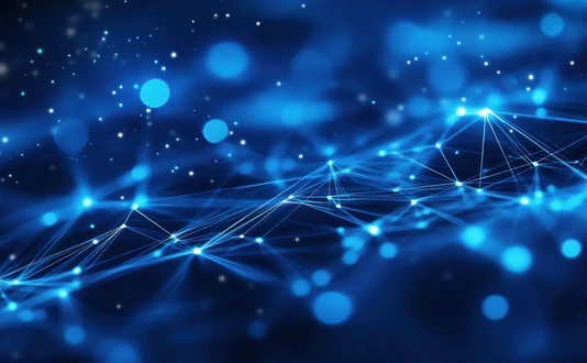 A vibrant abstract composition shows interconnected blue dots and lines in a dark environment