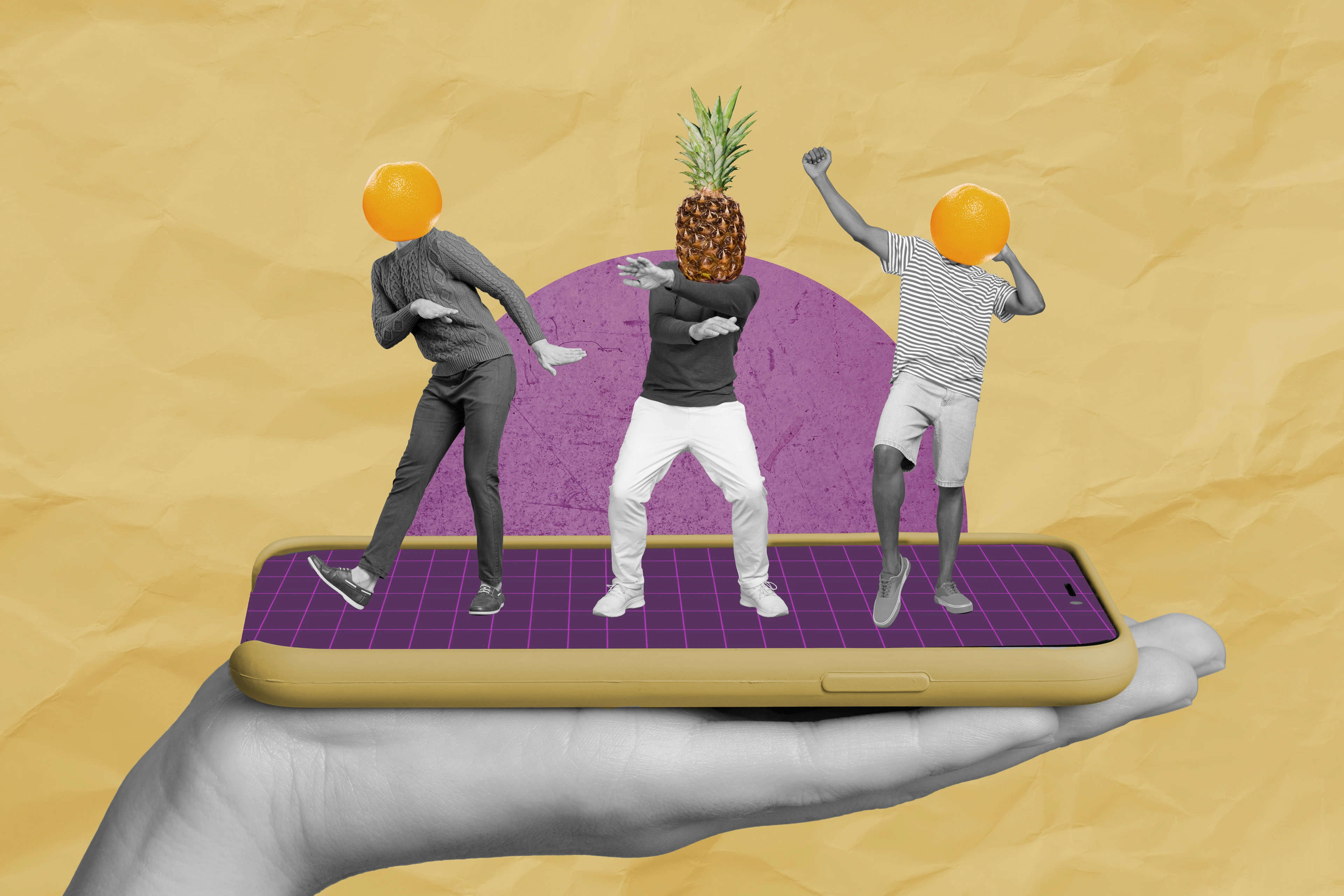 Creative collage poster of crazy youth group with fruity face dance energetic on modern smart gadget touchscreen