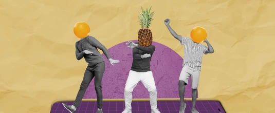 Creative collage poster of crazy youth group with fruity face dance energetic on modern smart gadget touchscreen