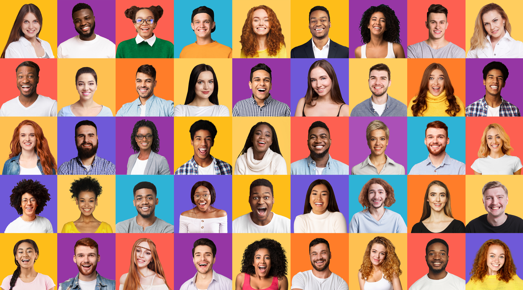 Set Of Mixed Race People Portraits Smiling On Different Backgrounds