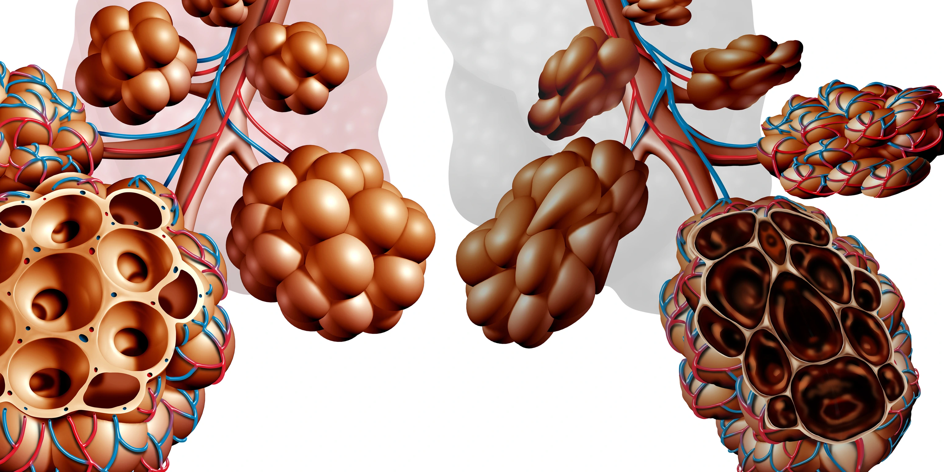 Emphysema as shortness of breath, lung disorder as a COPD illness and Chronic obstructive pulmonary disease medical concept as bronchioles and alveoli are damaged.