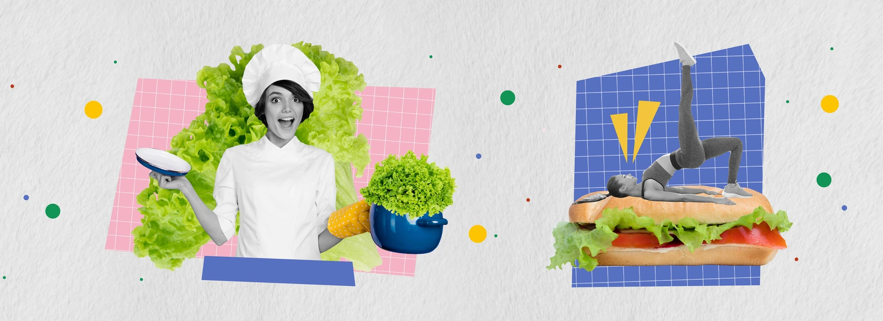 Creative panorama collection collage of man eat fried potato girl drink beer and fish cook healthy salad sandwich over grey background.