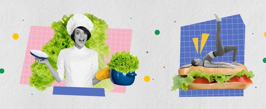 Creative panorama collection collage of man eat fried potato girl drink beer and fish cook healthy salad sandwich over grey background