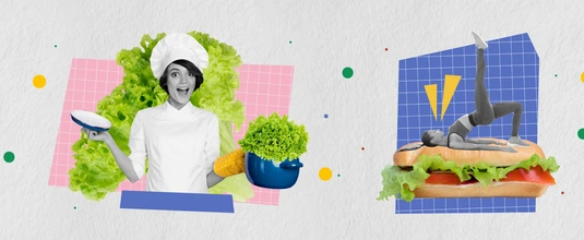 Creative panorama collection collage of man eat fried potato girl drink beer and fish cook healthy salad sandwich over grey background