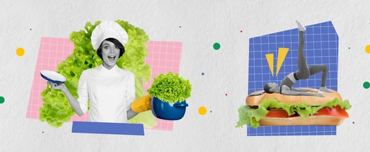 Creative panorama collection collage of man eat fried potato girl drink beer and fish cook healthy salad sandwich over grey background