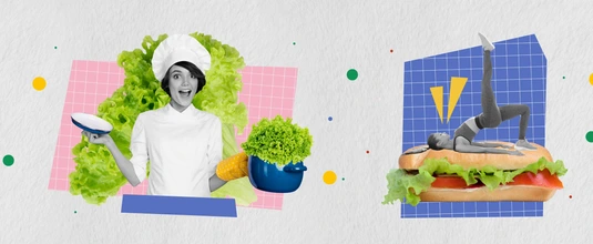 Creative panorama collection collage of man eat fried potato girl drink beer and fish cook healthy salad sandwich over grey background