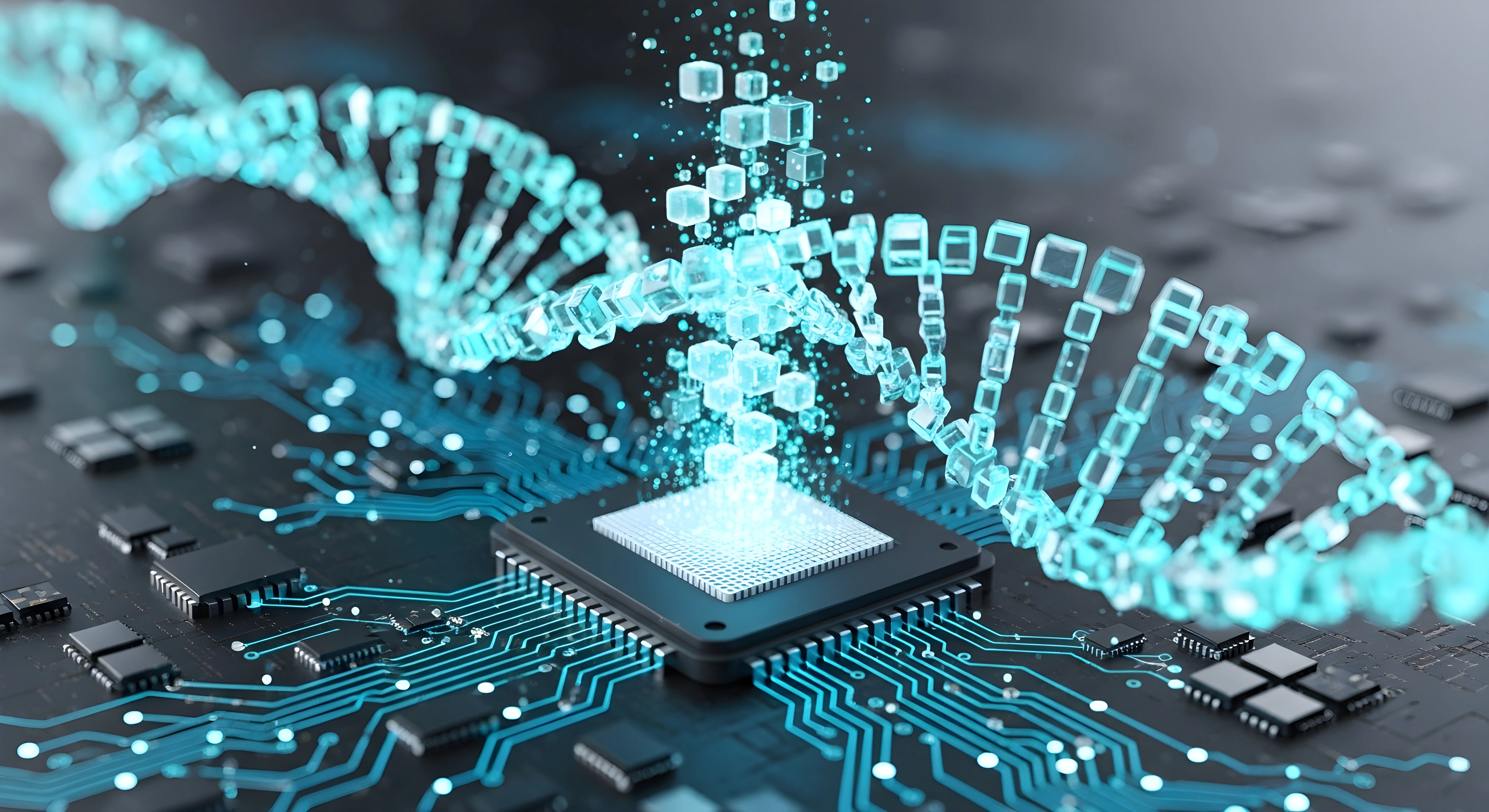 Digital DNA helix emerging from a computer processor, representing bioinformatics and genetic technology.