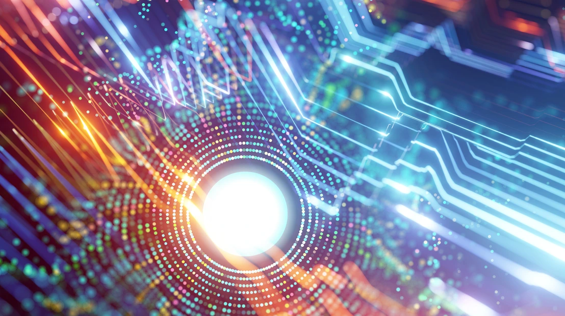 Collage of bright neon circuit lights in direct stream and big data circle