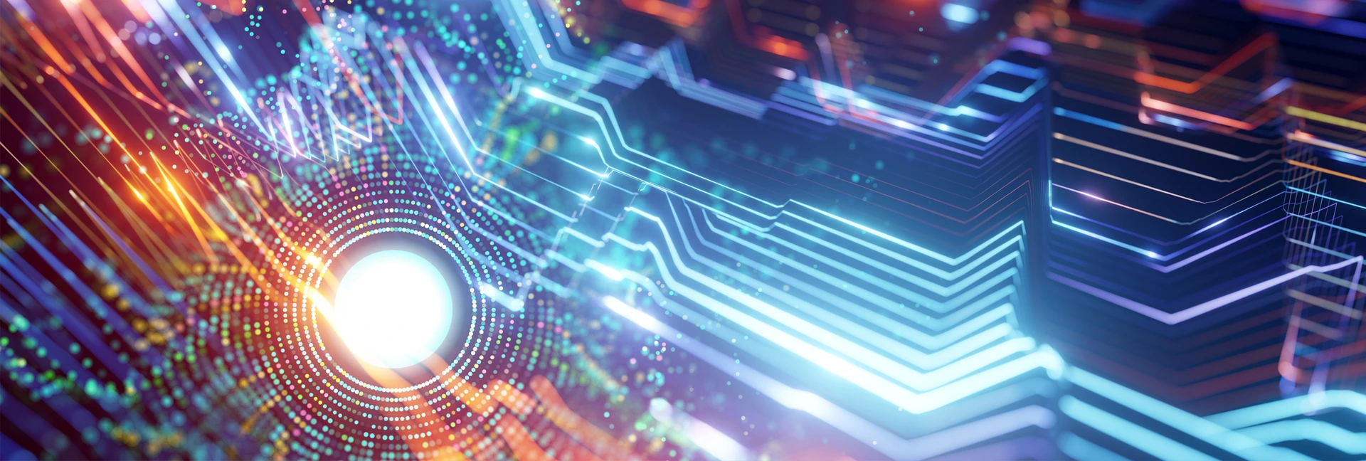 Collage of bright neon circuit lights in direct stream and big data circle