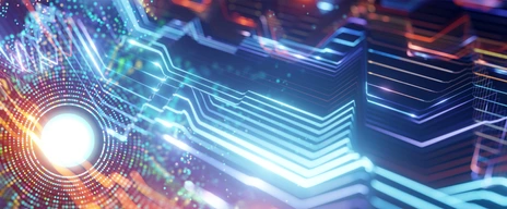 Collage of bright neon circuit lights in direct stream and big data circle