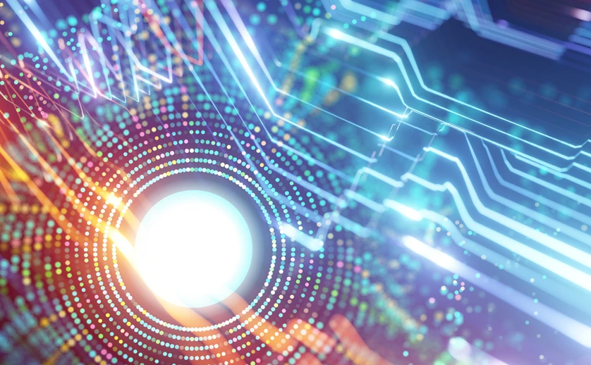 Collage of bright neon circuit lights in direct stream and big data circle