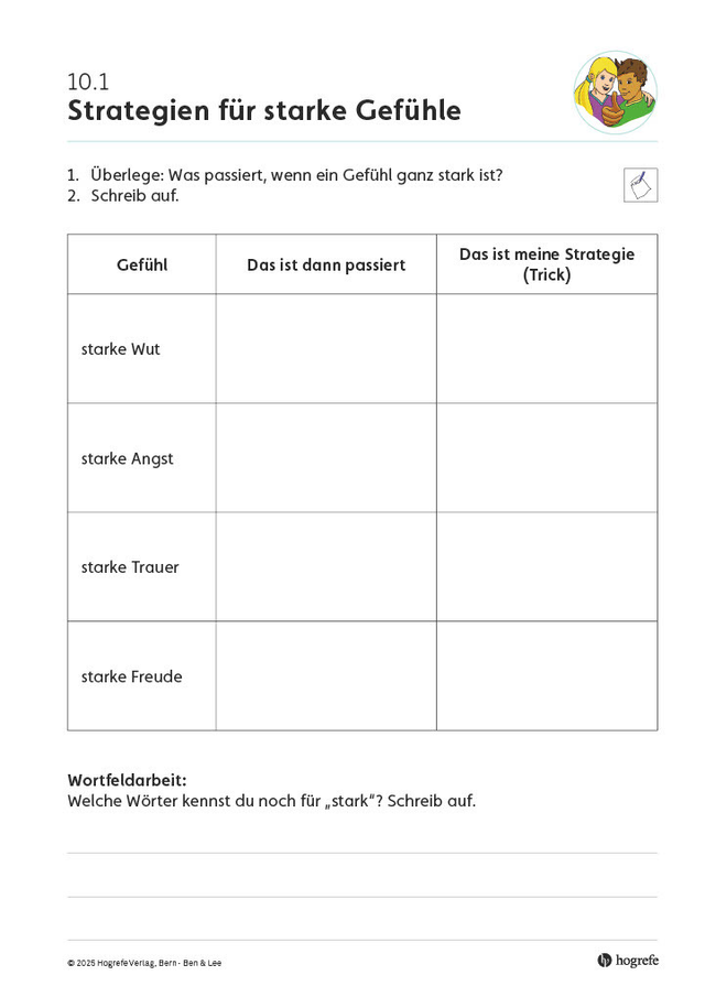 Tabelle zur Beschreibung starker Gefühle und passender Bewältigungsstrategien.
