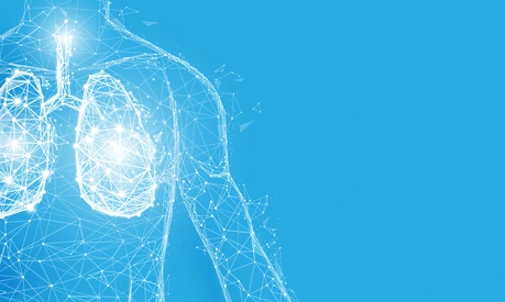 Human lungs anatomy form lines and triangles, point connecting network on blue background. Illustration vector