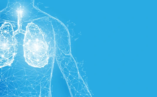 Human lungs anatomy form lines and triangles, point connecting network on blue background. Illustration vector