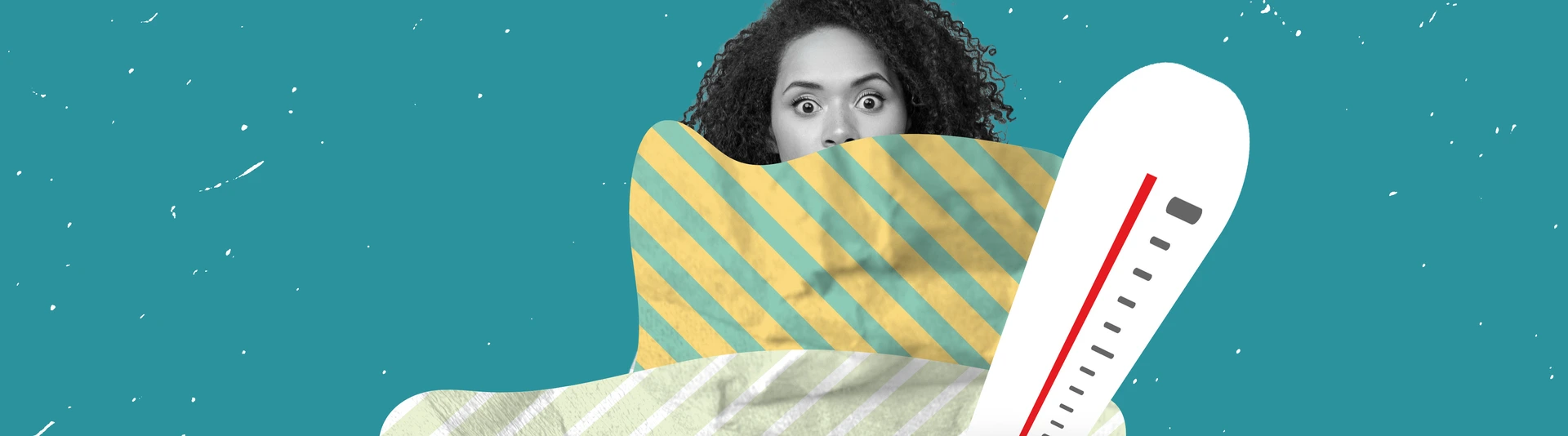 Vertical collage portrait of black white effect girl covered painted blanket thermometer isolated on drawing background