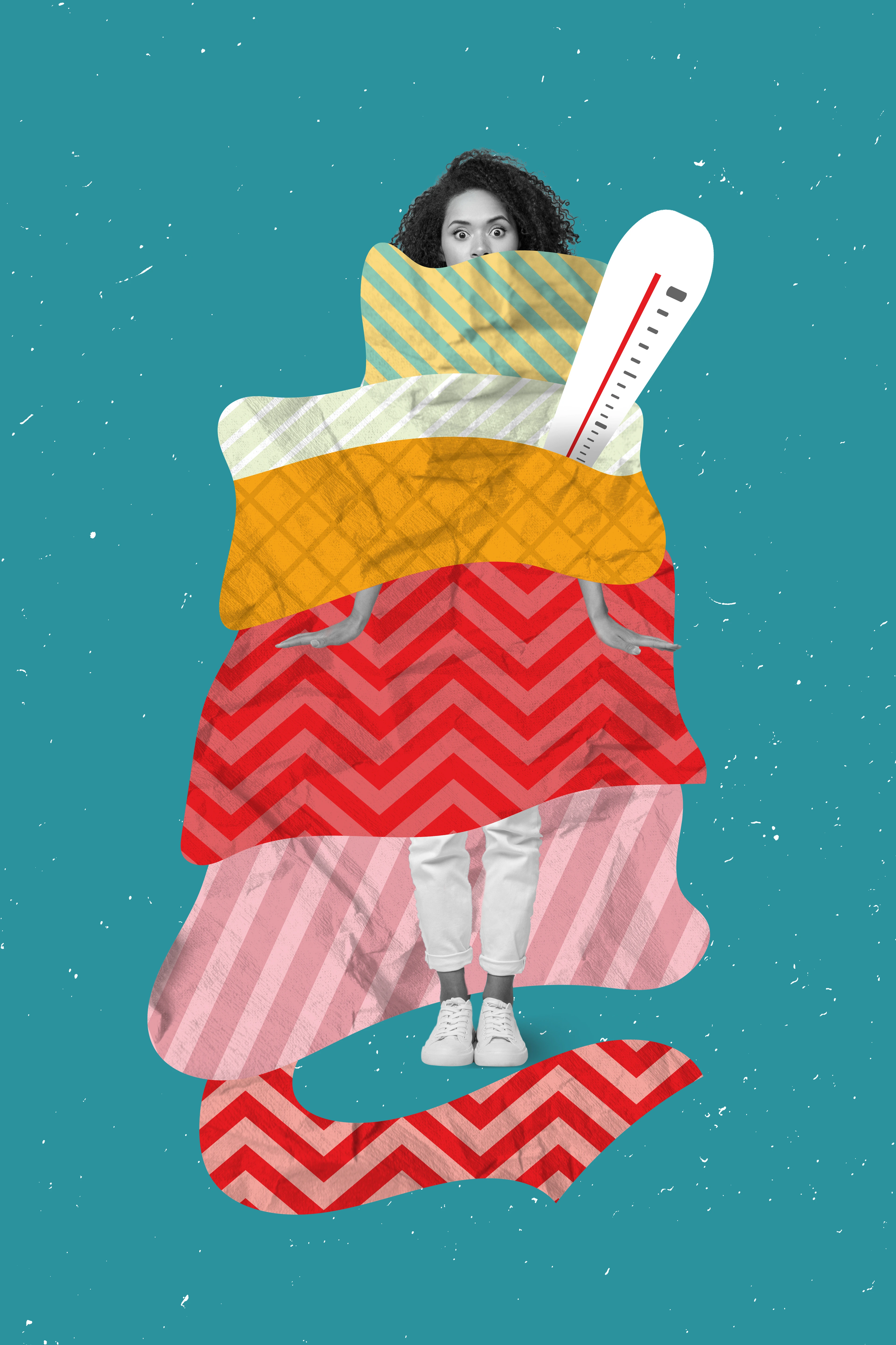 Vertical collage portrait of black white effect girl covered painted blanket thermometer isolated on drawing background