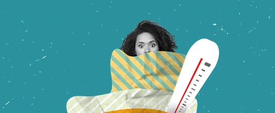 Vertical collage portrait of black white effect girl covered painted blanket thermometer isolated on drawing background