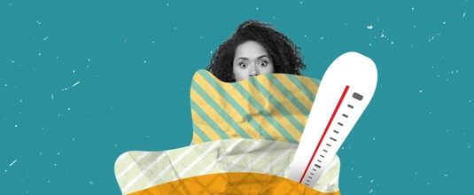 Vertical collage portrait of black white effect girl covered painted blanket thermometer isolated on drawing background