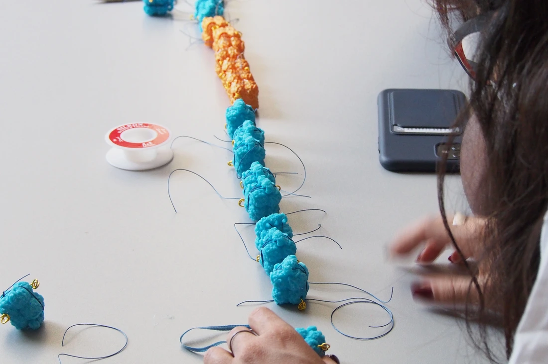 Workshop participants connect 3D-printed Nucleosomes to assemble the Cellular Reprogramming Necklace (Blue: Euchromatin; Orange: Heterochromatin)
