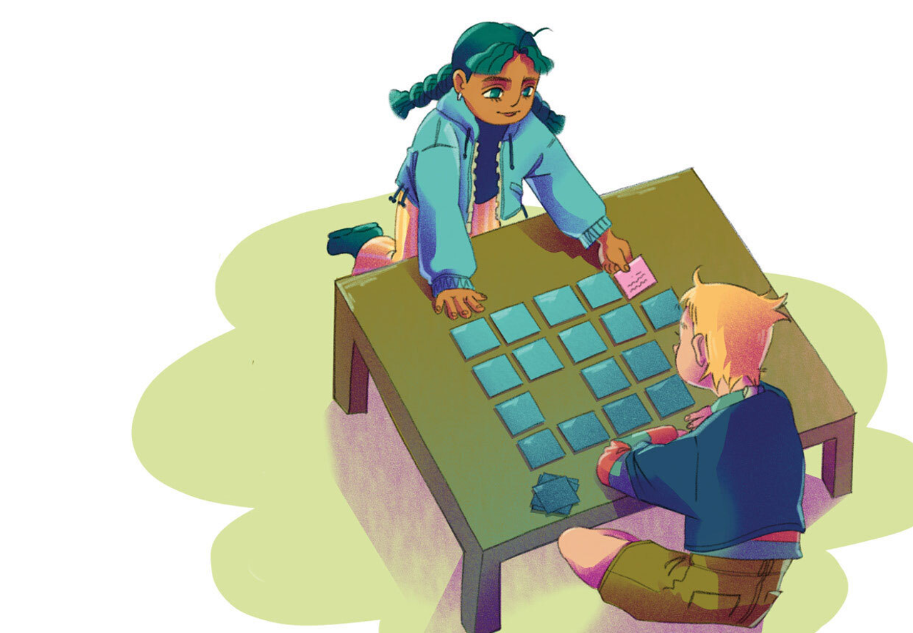 Illustration, zwei Kinder an einem Tisch, die Memory spielen