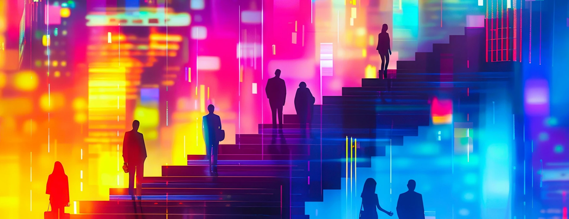 Silhouettes of people walking up stairs in a vibrant, neon city. AdobeStock_878629259