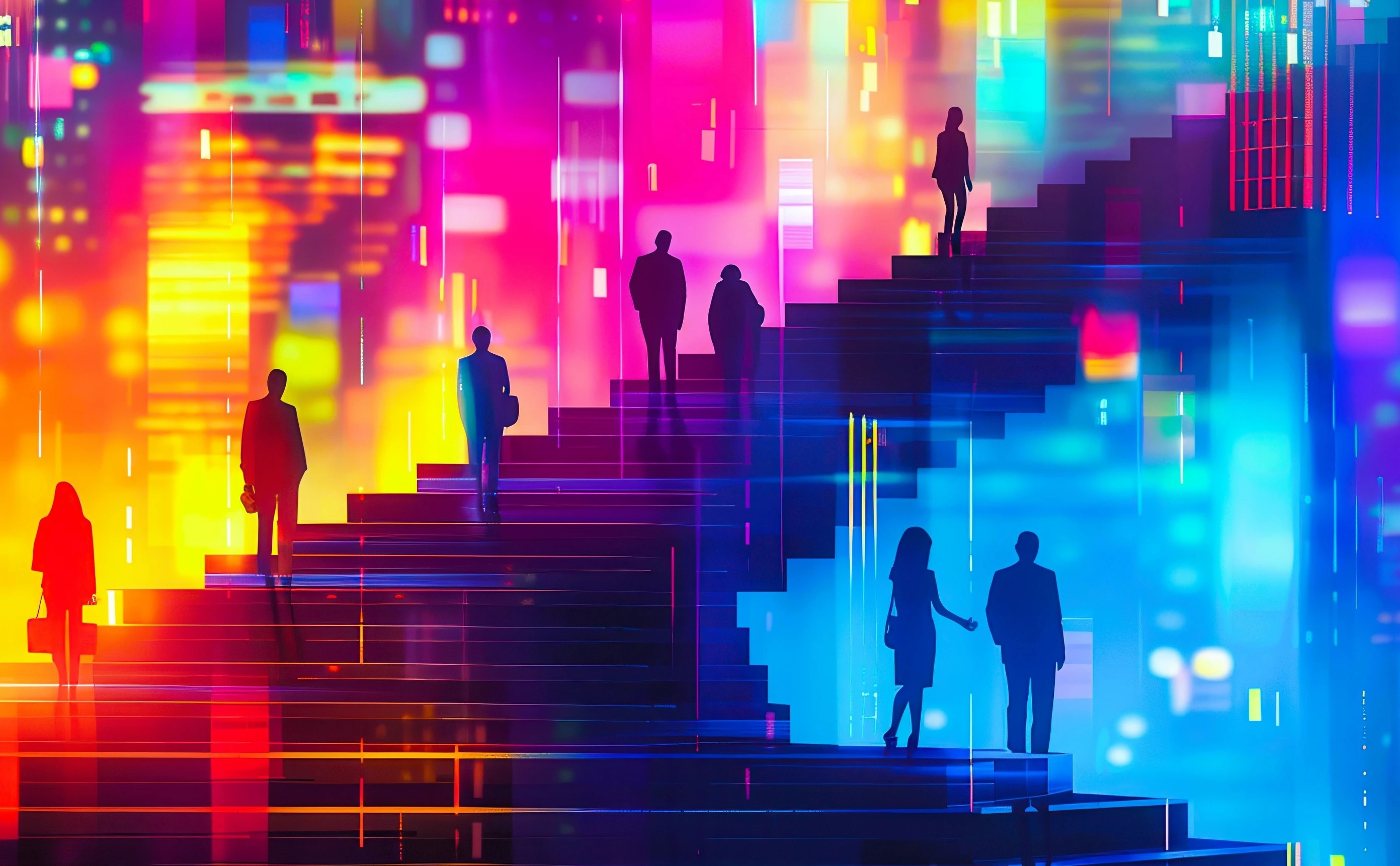 Silhouettes of people walking up stairs in a vibrant, neon city. AdobeStock_878629259