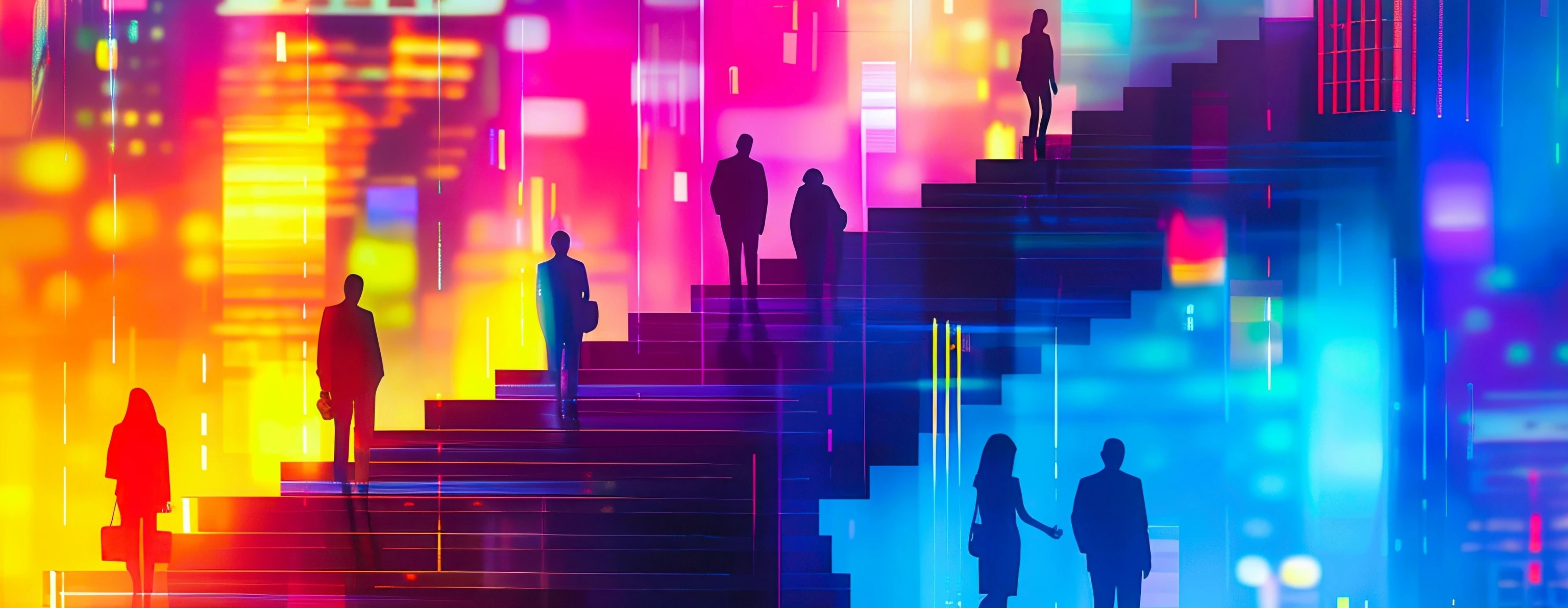 Silhouettes of people walking up stairs in a vibrant, neon city. AdobeStock_878629259