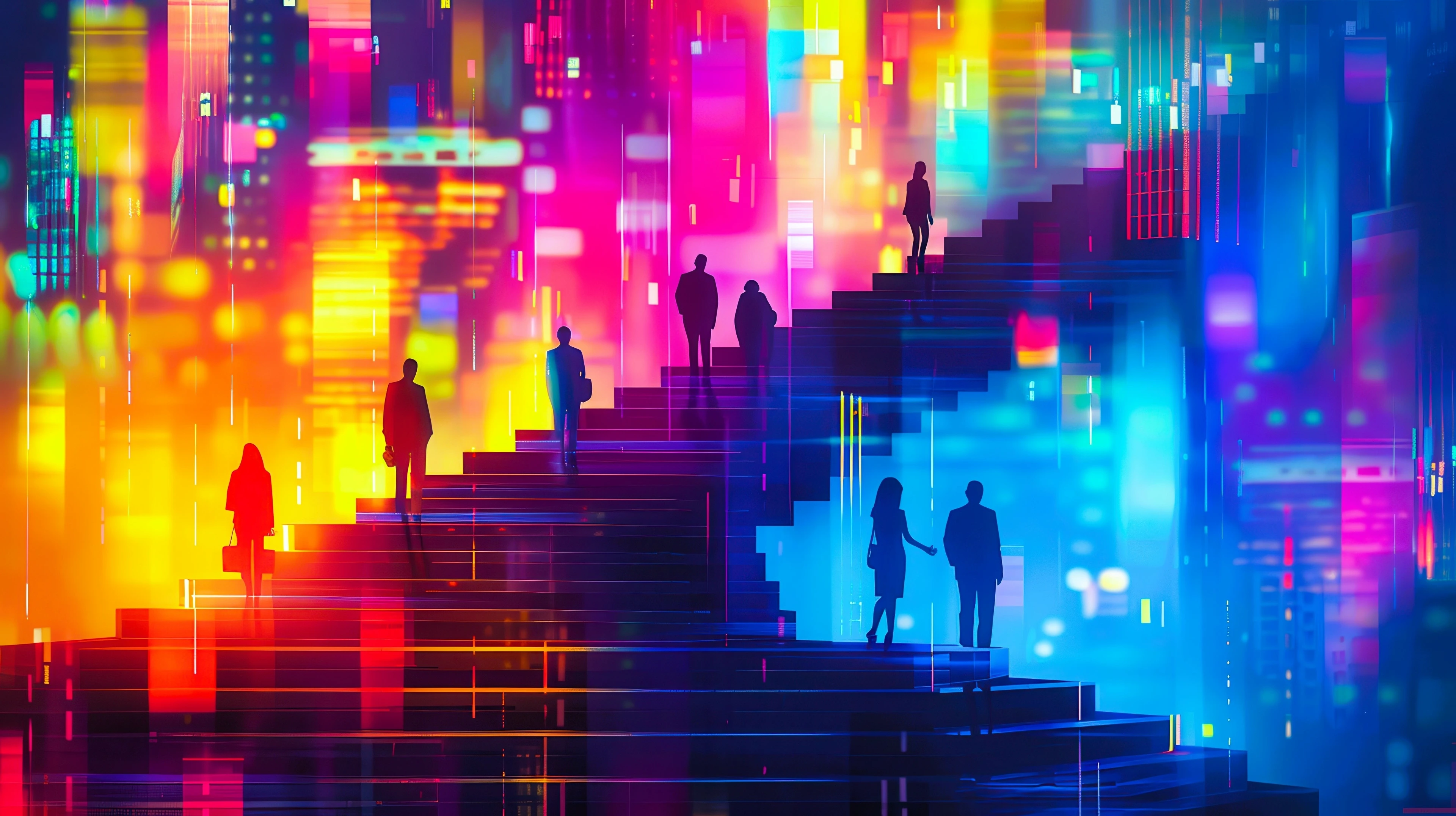 Silhouettes of people walking up stairs in a vibrant, neon city. AdobeStock_878629259