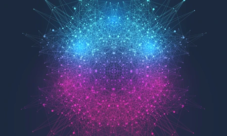 Scientific vector illustration quantum computer technology. Plexus fiction effect. Deep learning artificial intelligence. Big data algorithms visualization. Quantum explosion background.