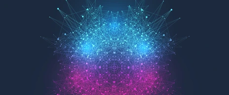 Scientific vector illustration quantum computer technology. Plexus fiction effect. Deep learning artificial intelligence. Big data algorithms visualization. Quantum explosion background.