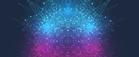 Scientific vector illustration quantum computer technology. Plexus fiction effect. Deep learning artificial intelligence. Big data algorithms visualization. Quantum explosion background.