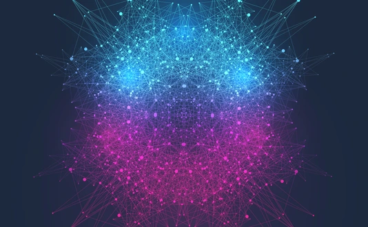 Scientific vector illustration quantum computer technology. Plexus fiction effect. Deep learning artificial intelligence. Big data algorithms visualization. Quantum explosion background.