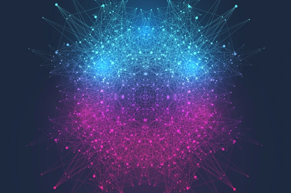 Scientific vector illustration quantum computer technology. Plexus fiction effect. Deep learning artificial intelligence. Big data algorithms visualization. Quantum explosion background.