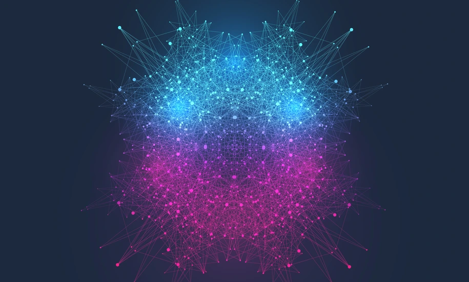Scientific vector illustration quantum computer technology. Plexus fiction effect. Deep learning artificial intelligence. Big data algorithms visualization. Quantum explosion background.