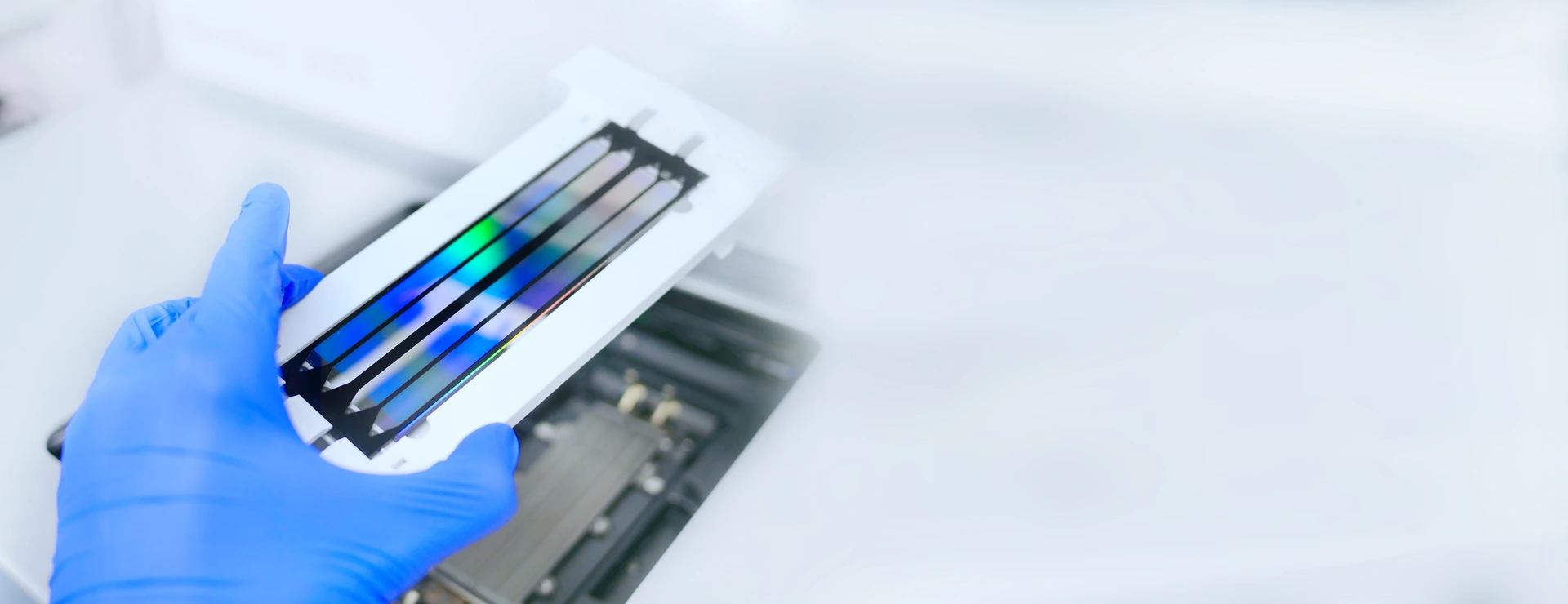 next generation sequencing flow cell. genetic engineering, genetic modification, designer baby and cloning concept. cancer screening and medical technology and therapy. banner with copy space