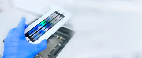 next generation sequencing flow cell. genetic engineering, genetic modification, designer baby and cloning concept. cancer screening and medical technology and therapy. banner with copy space