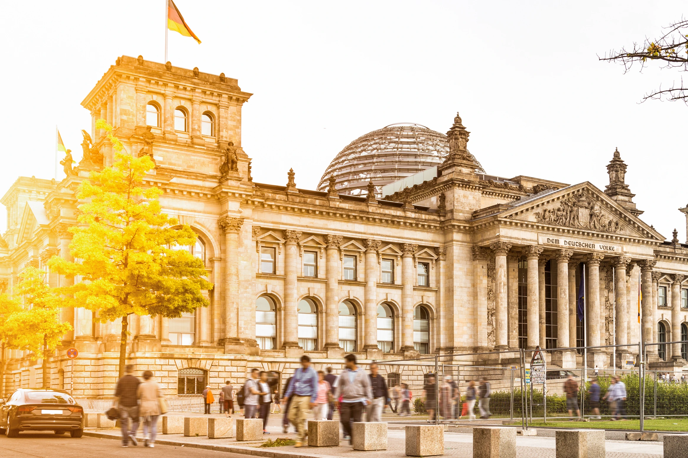 Berlin urban city life with Reichstag at sunset in summer, Germany