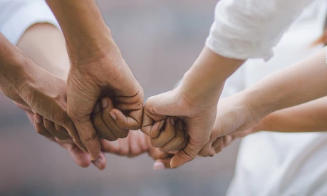 Panoramic teamwork business join hand together concept, Business team standing hands together, Volunteer charity work. People joining for cooperation success business.