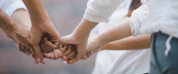 Panoramic teamwork business join hand together concept, Business team standing hands together, Volunteer charity work. People joining for cooperation success business.