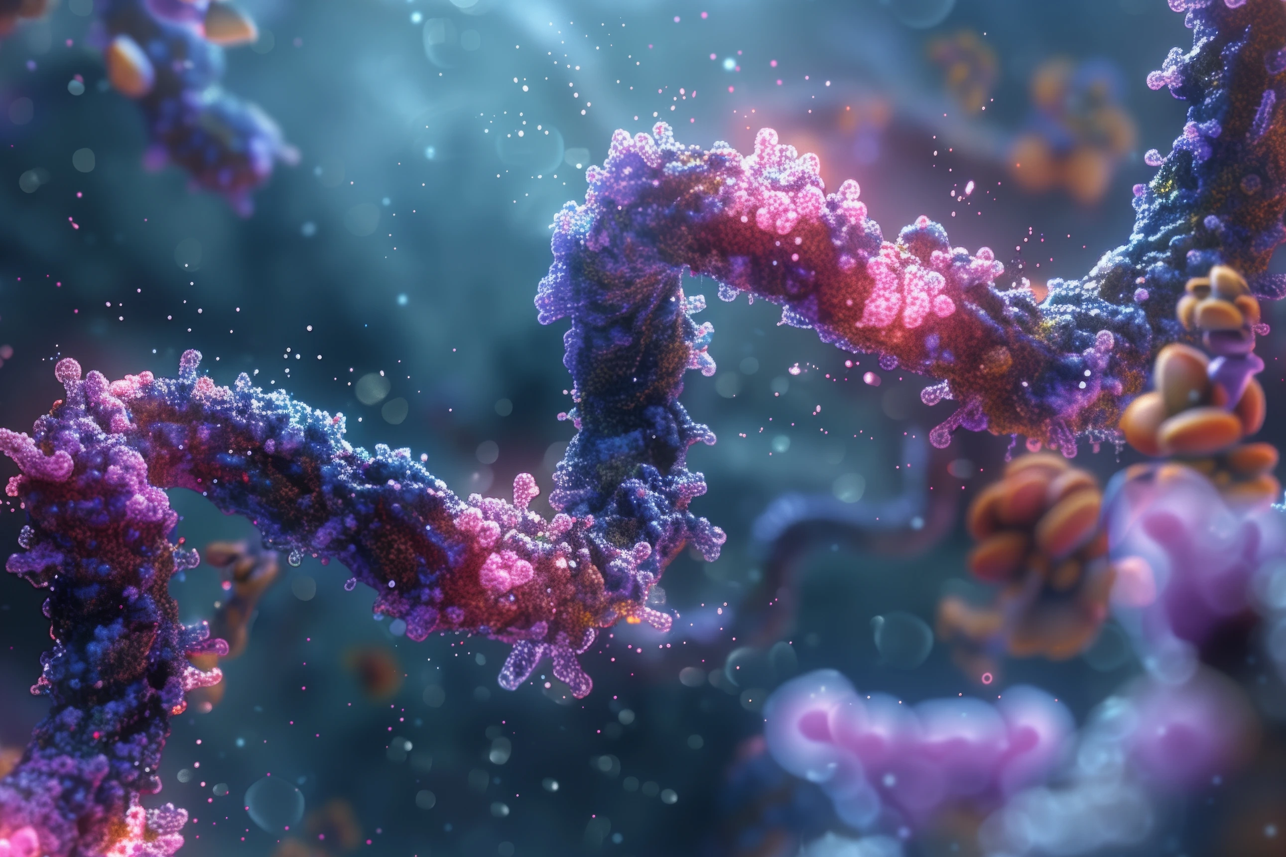 A close-up visualization of the CRISPR Cas9 mechanism at work, showcasing the intricate molecular interactions involved in gene editing.