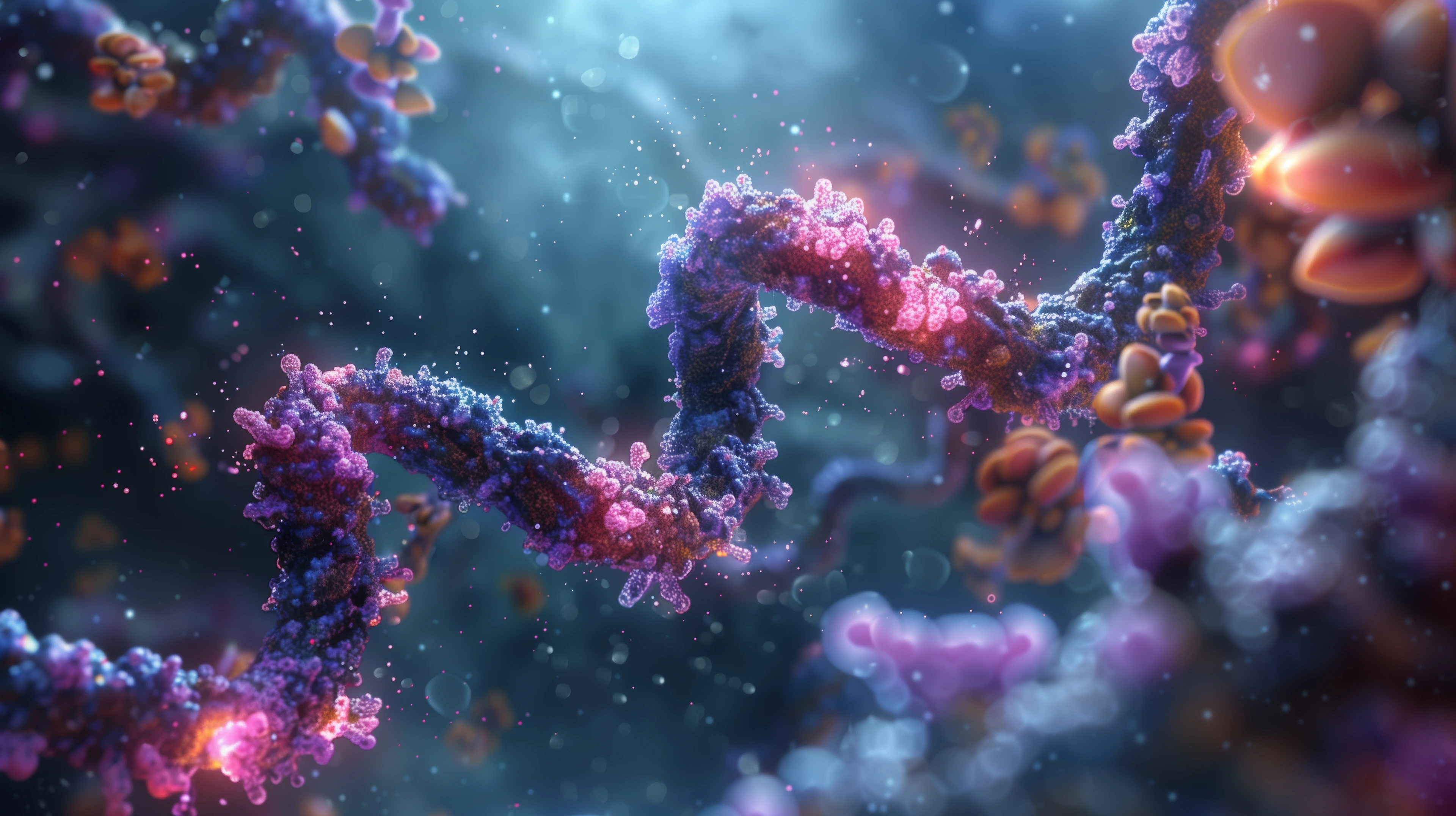 A close-up visualization of the CRISPR Cas9 mechanism at work, showcasing the intricate molecular interactions involved in gene editing.