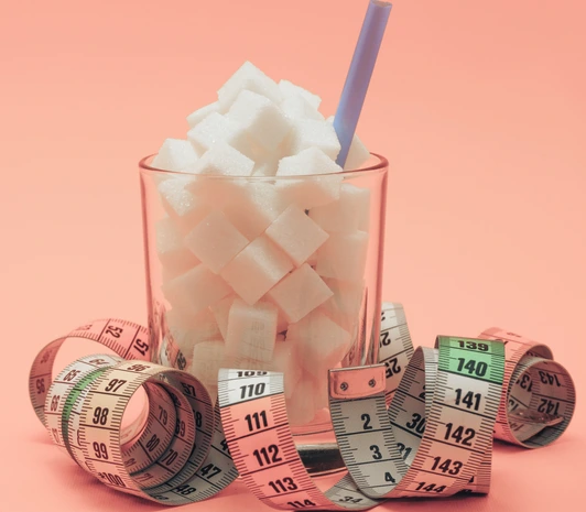 Glass full of cubes sugar with straw on a beautiful peach  background  - unhealthy diet concept.