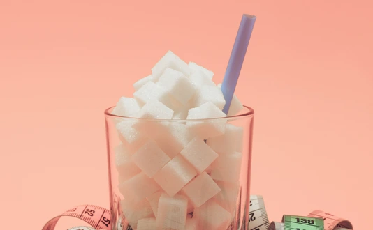 Glass full of cubes sugar with straw on a beautiful peach  background  - unhealthy diet concept.