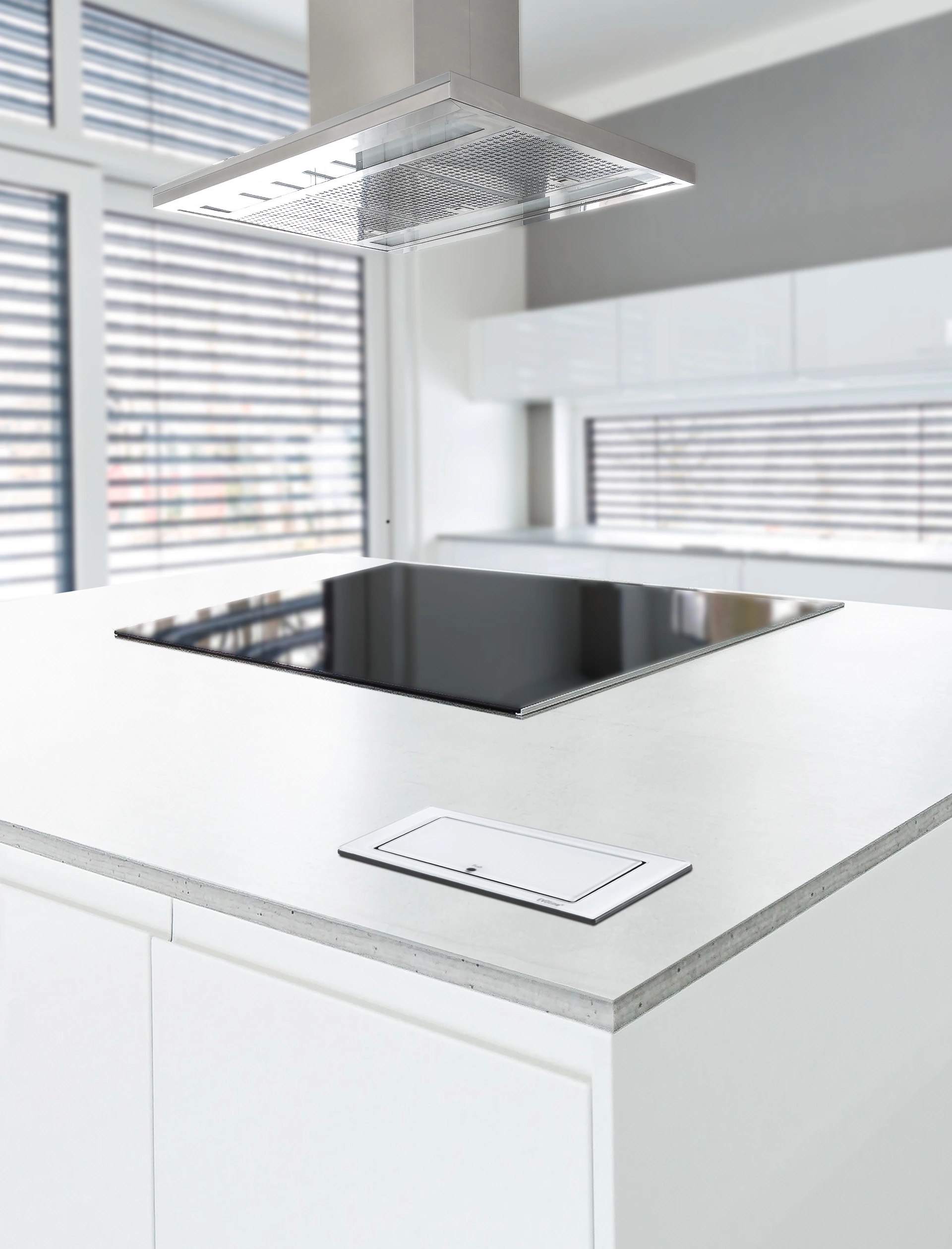 Interior of white kitchen with big windows