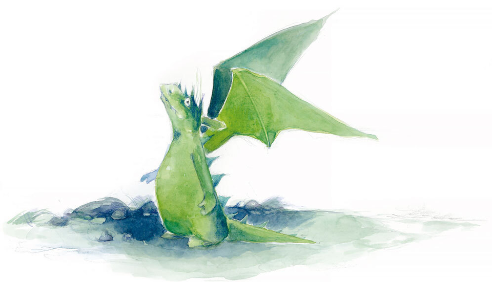 Illustration von Drache Frido, der unter Matheangst leidet. Kleiner grün-blauer Drache in Aquarellfarben gemalt